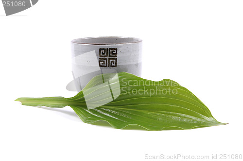 Image of Pottery cup and green leaf