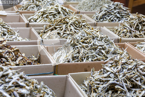 Image of Dried anchovy fish for sell in market