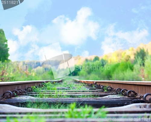 Image of railroad to horizon under deep blue sky in sunset