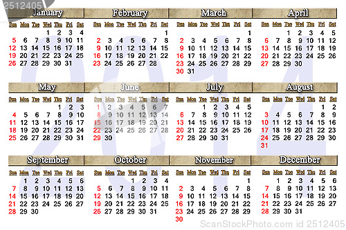 Image of calendar for 2014 year