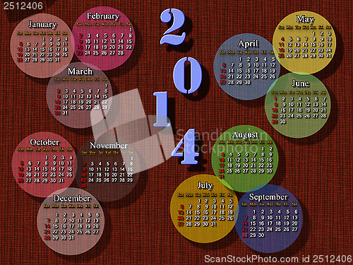 Image of calendar for 2014 year with multicolor rounds