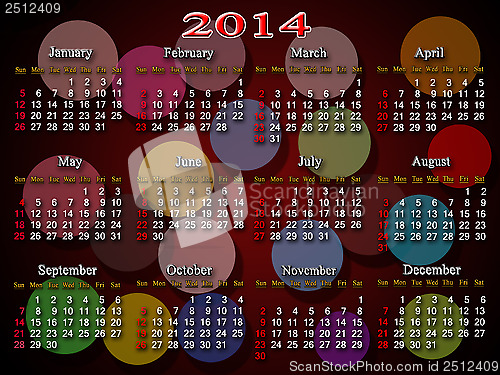 Image of calendar for 2014 year with multicolor rounds
