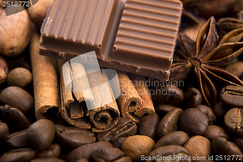Image of chocolate with coffee beans, spices and cacao