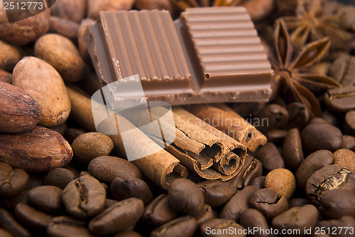 Image of chocolate with coffee beans, spices and cacao
