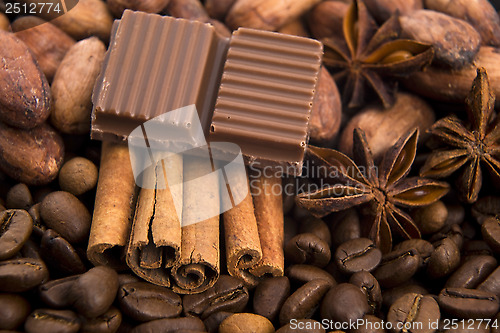Image of chocolate with coffee beans, spices and cacao