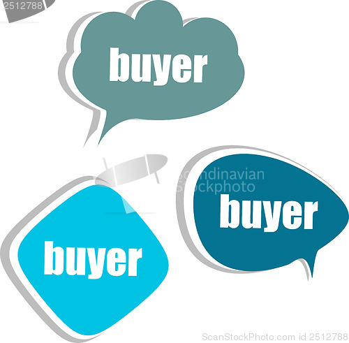 Image of buyer word on modern banner design template. set of stickers, labels, tags, clouds