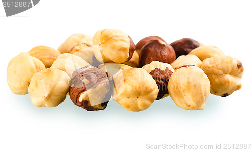 Image of A pile of shell-less hazelnuts, isolated on white background