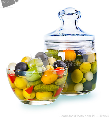 Image of Assorted olives in a glass , Preserved vegetables composition