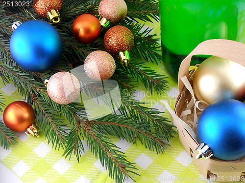 Image of champagne bottle and christmas baubles, Merry Christmas and Happy New Year