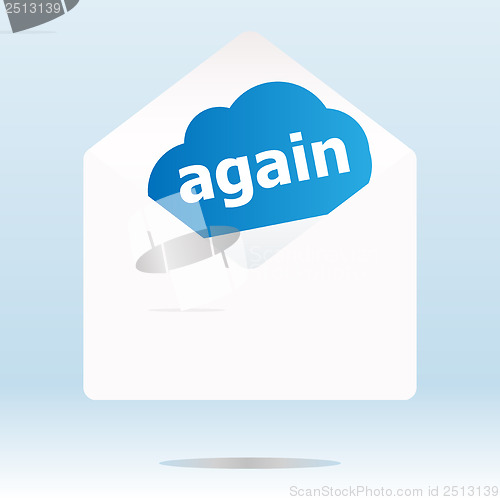 Image of again word blue cloud on white mail envelope