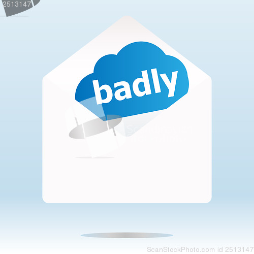 Image of badly word blue cloud on white mail envelope
