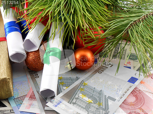 Image of Decorated christmas tree with money gift, traditional winter holiday