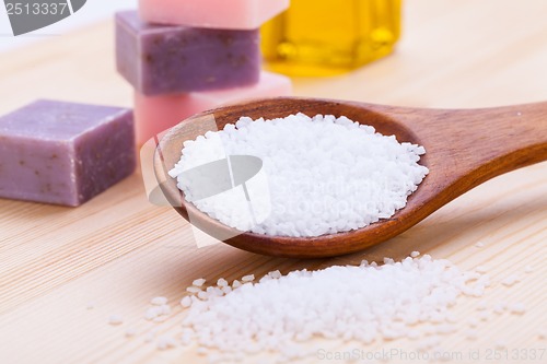 Image of welnness spa objects soap and bath salt closeup