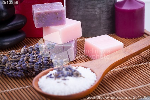 Image of handmade lavender soap and bath salt wellness spa 