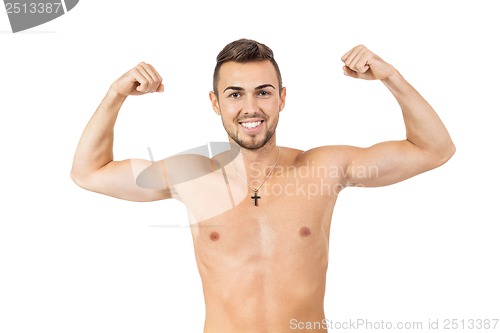 Image of young attractive man in jeans and naked body isolated