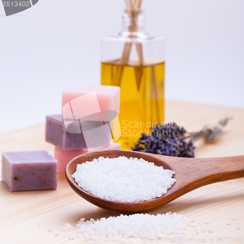 Image of welnness spa objects soap and bath salt closeup