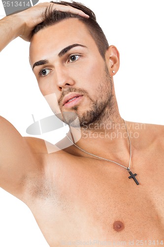 Image of young attractive man in jeans and naked body isolated
