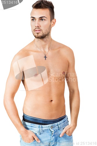 Image of young attractive man in jeans and naked body isolated