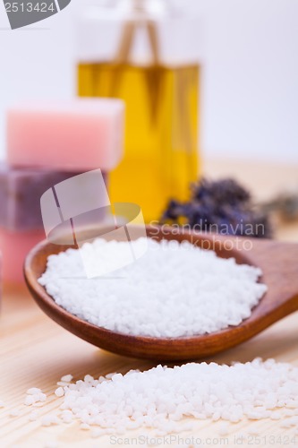 Image of welnness spa objects soap and bath salt closeup