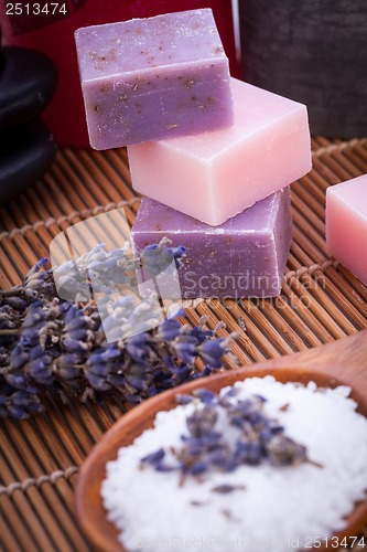 Image of handmade lavender soap and bath salt wellness spa 