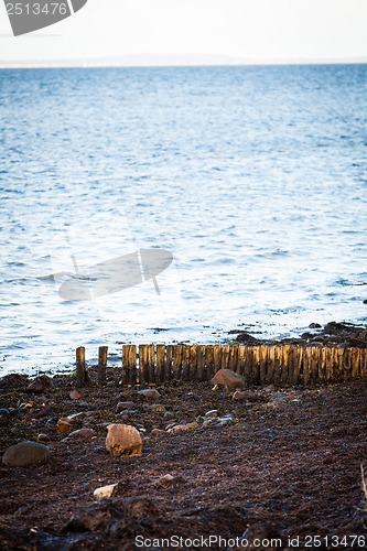 Image of baltic sea background evening wooden wave breaker beach