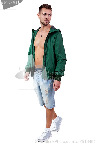 Image of young adult man with green jacket portrait isolated