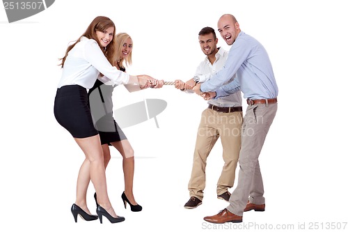 Image of business woman against businessman pulling rope isolated