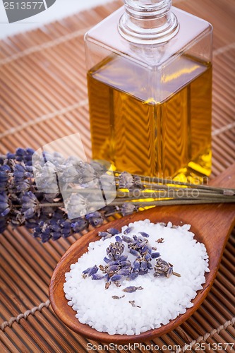 Image of lavender massage oil and bath salt aroma therapy wellness