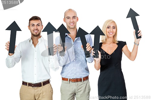 Image of happy people showing up black arrows isolated 