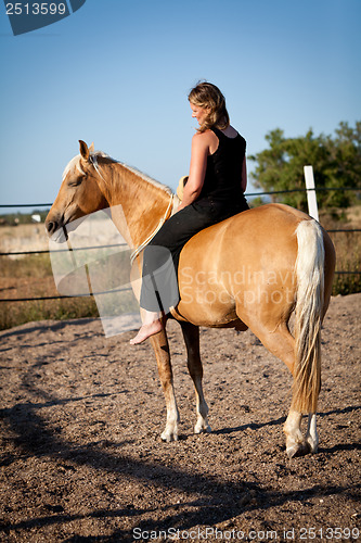 Image of young woman training horse outside in summer