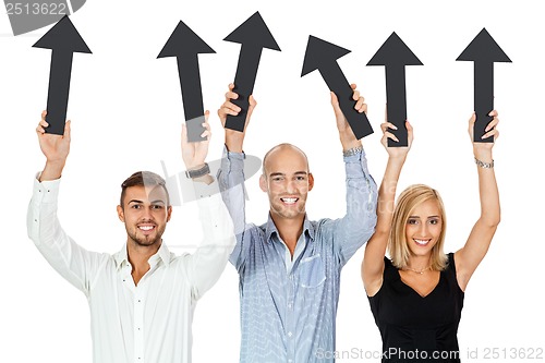 Image of happy people showing up black arrows isolated 