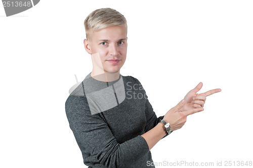 Image of Man in gray pointing with his fingers