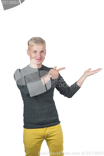 Image of Man in yellow and gray pointing with his fingers