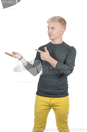 Image of Man in gray pointing with his fingers