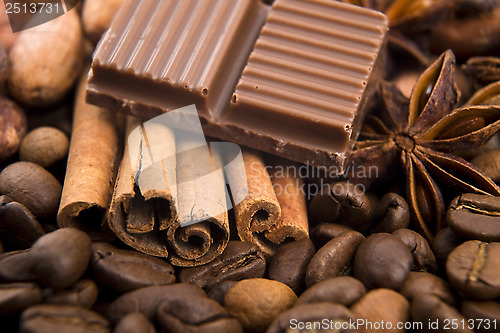 Image of chocolate with coffee beans, spices and cacao