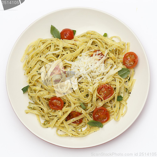 Image of Tagliatelle with pesto and tomatoes from above