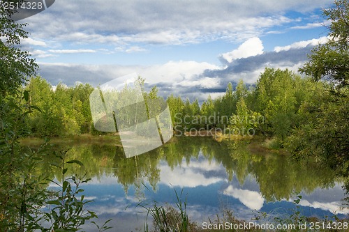 Image of A walk on a summer morning in the forest lake.