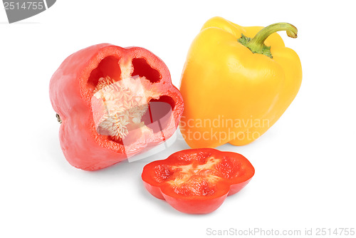 Image of two red and yellow pepper isolated on white background 