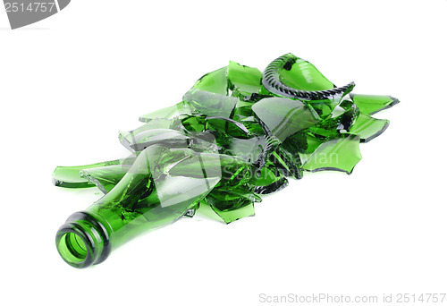 Image of Shattered green champagne bottle isolated on the white background 