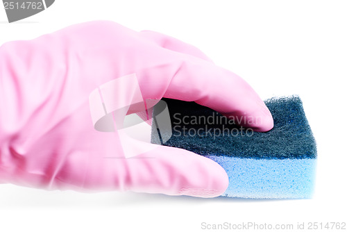Image of hand in glove with latex sponge holding isolated on white 