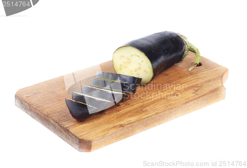 Image of sliced eggplant on a cutting board  isolation on white 
