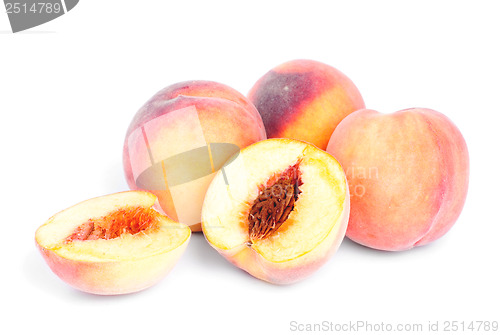 Image of whole and sliced peach isolation on white 