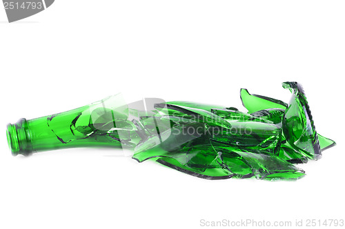 Image of Shattered green champagne bottle isolated on the white background 