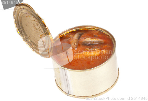 Image of open full canned fish in tomato sauce on a white background 