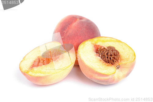 Image of whole and sliced peach isolation on white 