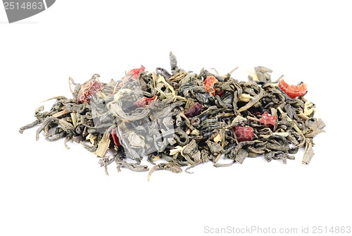 Image of green tea with  lemon peels flower petals and lime  flavour  isolated on white