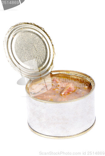 Image of Open full can of sardines in olive oil on a white 