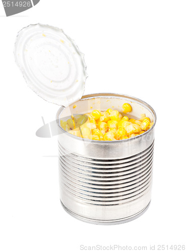 Image of opening  can with corn  isolated  on  the  white 