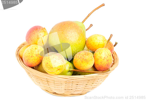 Image of pears and apricots in fruit basket isolated on white background