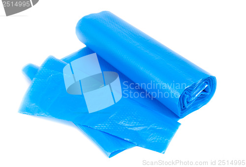 Image of roll of blue garbage bags on a white background 